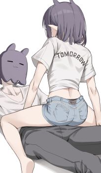 1boy 1girl absurdres ass back_peek bare_legs barefoot blue_shorts brown_pants clothes_writing cowgirl_position denim denim_shorts from_behind girl_on_top highres hololive hololive_english ninomae_ina&#039;nis pants pointy_ears purple_hair scarlet_(wv0102) shirt short_hair short_shorts shorts straddling takodachi_(ninomae_ina&#039;nis) virtual_youtuber white_background white_shirt