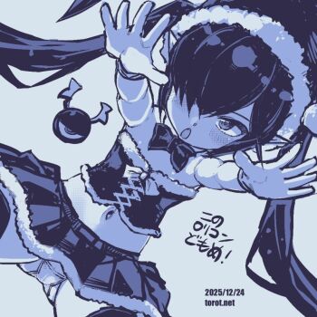 1girl backbeako_(torotei) backbeard christmas commentary_request dated dress dutch_angle flat_chest gegege_no_kitarou hair_over_one_eye hat kneehighs kono_lolicon_domome long_hair monochrome one_eye_closed open_mouth original panties pantyshot pointy_ears reaching reaching_towards_viewer ribbon santa_costume santa_dress santa_hat simple_background skirt socks solo torotei twintails underwear watermark web_address white_panties