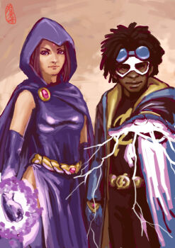 1boy 1girl bindi black_hair cloak dark_skin dc_comics domino_mask dreadlocks electricity eye_mask gloves goggles hood jacket lightning_bolt_symbol long_sleeves mask purple_eyes raven_(dc) short_hair static_(dc) static_shock teen_titans virgil_ovid_hawkins