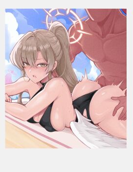 1boy 1girl ass black_one-piece_swimsuit blue_archive breasts brown_hair earrings faceless faceless_male feathered_wings grabbing_another&#039;s_ass groping halo halterneck hands_on_another&#039;s_ass hetero highres hoop_earrings jewelry large_breasts long_hair low_wings mika_(blue_archive) mika_(swimsuit)_(blue_archive) nagisa_(blue_archive) nagisa_(swimsuit)_(blue_archive) official_alternate_costume official_alternate_hairstyle one-piece_swimsuit polaroid_photo ponytail revolverwing sex sex_from_behind sunglasses swimsuit uncensored white_wings wings