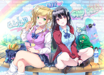 Rule 34 | 2girls, :d, backpack, bag, bench, black hair, black legwear, blonde hair, blue neckwear, blue shirt, blue skirt, blush, bottle, bow, bowtie, braid, breasts, brick wall, brown eyes, brown footwear, buttons, cellphone, chips (food), cleavage, collarbone, collared shirt, commentary request, crossed legs, day, drawstring, dress shirt, duffel bag, food, graffiti, green eyes, hand up, head tilt, heart, holding, holding phone, hood, hood down, hooded jacket, indian style, jacket, jewelry, large breasts, loafers, long hair, long sleeves, looking at viewer, loose socks, miniskirt, multiple girls, nail polish, necklace, open mouth, original, phone, pink nails, plaid clothes, plaid skirt, pleated skirt, potato chips, purple vest, rainbow, red jacket, satou satoru, school bag, school uniform, shirt, shoes, sidelocks, sitting, skateboard, skirt, sleeves past wrists, smile, socks, star (symbol), striped bow, striped bowtie, striped clothes, striped neckwear, thighs, twintails, v, vest, water bottle, wavy hair, white shirt, white socks