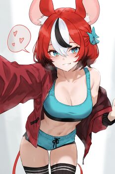 1girl absurdres alternate_costume animal_ear_fluff animal_ears aqua_bow aqua_shorts aqua_sports_bra black_hair black_thighhighs blue_eyes bluefield blush bow breasts breath cleavage collarbone commentary english_commentary gradient_hair hair_bow hakos_baelz heart highres hololive hololive_english jacket large_breasts long_sleeves looking_at_viewer mouse_ears mouse_girl mouse_tail multicolored_hair navel open_clothes open_jacket outstretched_arm parted_lips red_hair red_jacket short_hair shorts simple_background single_bare_shoulder single_off_shoulder smile solo speech_bubble spoken_heart sports_bra stomach streaked_hair tail thighhighs thighs virtual_youtuber white_background white_hair