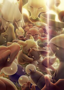 Rule 34 | absurdres, alakazam, bellsprout, caterpie, charizard, claws, closed eyes, closed mouth, day, eevee, fang, fang out, flower, gen 1 pokemon, gen 2 pokemon, gen 3 pokemon, happy, happy tears, highres, hug, jumpluff, komepan, lombre, metapod, nintendo, no humans, open mouth, outdoors, pikachu, pokemon, pokemon (creature), pokemon focus, pokemon mystery dungeon, pokemon mystery dungeon: rescue team dx, shiftry, smile, snubbull, tearing up, tears, tyranitar