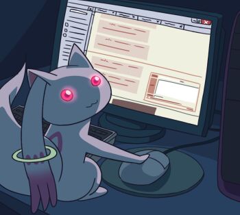 10s 1other 4chan artist_request bad_id bad_pixiv_id computer computer_keyboard computer_mouse computer_tower dark glowing glowing_eyes imageboard indoors kyubey looking_at_viewer looking_back mahou_shoujo_madoka_magica mahou_shoujo_madoka_magica_(anime) monitor mousepad_(object) no_humans red_eyes solo window_(computing)