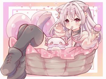 Rule 34 | 1girl, animal ears, bell, black thighhighs, brown shoes, cat ears, cat girl, cat tail, commentary request, commission, food, hair bell, hair ornament, highres, holding, holding food, holding ice cream, hood, hoodie, ice cream, indie virtual youtuber, long hair, long sleeves, lying, pink eyes, pink hair, raimu (ranse237), shoes, skeb commission, solo, sumomo moko (vtuber), tail, thighhighs, virtual youtuber, white hoodie