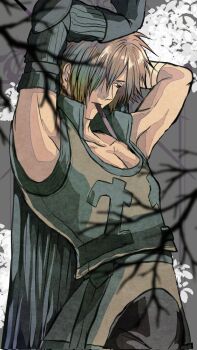 1boy arm_behind_head armpits arms_up bandaged_arm bandages black_gloves brown_hair cape cowboy_shot elbow_gloves elbow_pads fate/extra fate/grand_order fate_(series) gloves gradient_hair green_cape green_hair green_vest hair_over_one_eye high_collar highres knife_in_mouth leaning_back looking_down male_focus multicolored_hair presenting_armpit raiya_(a2i3rnzyy) robin_hood_(fate) solo toned toned_male vest