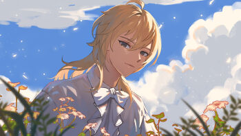 1boy 8083_blue ahoge blue_sky bow brown_eyes closed_mouth commentary_request ensemble_stars! flower hakaze_kaoru long_hair looking_at_viewer male_focus outdoors petals shirt sky solo summer white_bow white_flower white_shirt