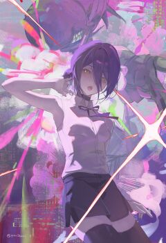 Rule 34 | 1girl, absurdres, black choker, black ribbon, black shorts, black thighhighs, blush, bomb devil (chainsaw man), chainsaw man, choker, collared shirt, explosion, explosion background, green eyes, grenade pin, hair between eyes, hair bun, highres, imminent explosion, long hair between eyes, neck ribbon, object head, projected inset, pull cord, purple hair, reze (chainsaw man), ribbon, shirt, shirt tucked in, short hair, shorts, single hair bun, sleeveless, sleeveless shirt, solo, teeth, thighhighs, tokkieee qian, transformation, watercolor background, white shirt