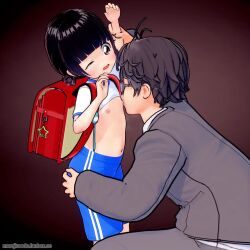1boy 1girl 3d age_difference animated backpack bag black_hair blunt_bangs blush breast_sucking breasts brown_eyes clothes_lift crime_prevention_buzzer flat_chest hetero koikatsu koikatsu! koikatsu_(medium) loli marojiro_edo molestation navel nipples one_eye_closed open_mouth original randoseru self-upload shirt shirt_lift short_hair short_twintails shorts sound standing tagme tears twintails video white_shirt