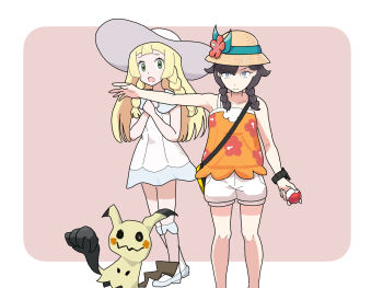 2girls arm_at_side asymmetrical_bangs bare_shoulders black_hair blonde_hair blue_eyes border braid child dress eyelashes facing_viewer female_focus flat_chest floral_print frown full_body gen_7_pokemon green_eyes hair_flaps hands_on_own_chest hat highres holding holding_poke_ball kneehighs knees legs lillie_(pokemon) long_hair looking_at_viewer marunouchi_yaesu mimikyu multiple_girls official_alternate_costume official_alternate_hairstyle open_mouth outstretched_arm own_hands_together poke_ball pokemon pokemon_usum protecting sailor_dress scared selene_(pokemon) selene_(pokemon_usum) serious shirt short_shorts shorts side_braids sleeveless sleeveless_dress sleeveless_shirt socks standing sun_hat twin_braids white_dress white_shorts z-ring