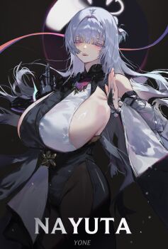 1girl absurdres armpit_crease black_pantyhose breasts character_name closed_eyes colored_eyelashes commentary english_commentary goddess_of_victory:_nikke grey_hair highres huge_breasts long_hair mechanical_arms nayuta_(nikke) open_mouth pantyhose sideboob single_mechanical_arm solo split-color_clothes very_long_hair white_eyelashes yone_?_(yone_fatesealed)