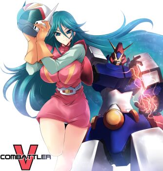 1girl aqua_hair belt blue_eyes breasts choudenji_robo_combattler_v combattler_v_(robot) copyright_name dress electricity female_focus gloves glowing glowing_eyes haganef helmet highres large_breasts long_hair looking_at_viewer mecha nanbara_chizuru panties pantyshot pilot_suit robot smile solo standing underwear very_long_hair white_panties