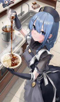 1girl apron beret black_dress black_gloves black_hat blue_eyes blue_hair braid character_doll closed_mouth curry curry_rice doll dress earrings elbow_gloves fingerless_gloves food frills gloves grey_apron hair_between_eyes hair_ornament hairclip hat highres hololive hoshimachi_suisei hoshimachi_suisei_(maid) indoors jewelry long_hair looking_at_viewer maid nattoushouyu3 official_alternate_costume official_alternate_hairstyle puffy_short_sleeves puffy_sleeves rice short_sleeves smile solo star_(symbol) star_in_eye stuffed_toy symbol_in_eye virtual_youtuber