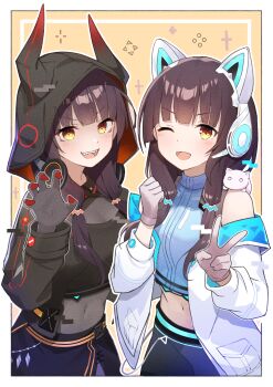 2girls :d ;d absurdres animal animal_ear_headphones animal_ears animal_on_shoulder asakura_karen_(heaven_burns_red) bare_shoulders black_gloves black_hair black_hoodie blue_shirt blunt_bangs border cat cat_ear_headphones cat_ears cat_on_shoulder claw_pose clenched_hand commentary_request covered_navel cowboy_shot dual_persona fake_animal_ears fake_horns gloves hands_up headphones heaven_burns_red highres hood hood_up hoodie horned_hood horns jacket jacket_partially_removed long_hair looking_at_viewer low_twintails midriff multiple_girls navel official_alternate_costume one_eye_closed open_clothes open_jacket open_mouth outside_border pink_gloves rinki_oohen shirt simple_background sleeveless sleeveless_shirt smile teeth turtleneck turtleneck_shirt twintails upper_teeth_only v v-shaped_eyebrows white_border white_jacket yellow_background yellow_eyes