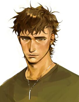 brown_hair closed_mouth commentary earrings english_commentary facial_hair goatee_stubble green_eyes green_shirt highres jewelry kunnuscumnus looking_at_viewer messy_hair mole mole_on_forehead mole_on_neck mole_under_eye mullet necklace original portrait rowan_(kunnuscumnus) shirt silver_necklace simple_background stubble stud_earrings undercut wavy_hair white_background