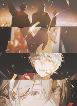 2boys back black_hair blue_nails blush couple ear_piercing earrings fang fingernails grey_eyes hair_between_eyes happy headset highres holding_hands idolish7 jewelry long_hair long_sleeves looking_at_viewer male_focus mole mole_under_eye momo_(idolish7) multiple_boys multiple_rings nail_polish night open_mouth piercing portrait ribbon ring short_hair stage sweatdrop teeth waving white_hair yanu_0000 yaoi yellow_ribbon yuki_(idolish7)