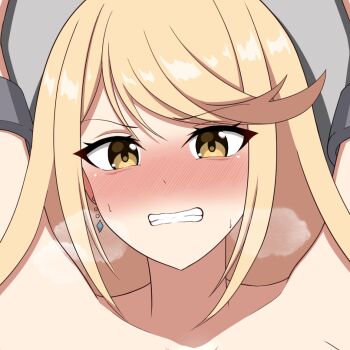 1girl blonde_hair blush commentary_request commission completely_nude earrings embarrassed glaring heavy_breathing hello_pty jewelry long_hair looking_at_viewer mythra_(xenoblade) nose_blush nude paid_reward_available restrained skeb_commission solo swept_bangs upper_body xenoblade_chronicles_(series) xenoblade_chronicles_2 yellow_eyes