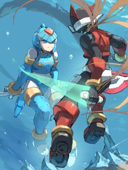 1boy 1girl absurdres android armor blonde_hair blue_armor blue_eyes blue_helmet breasts commentary_request crop_top energy_sword fairy_leviathan_(mega_man) fins forehead_jewel full_body gem head_fins helmet highres holding holding_sword holding_weapon humanoid_robot long_hair mega_man_(series) mega_man_zero_(series) omochi_(mochi_skymega) polearm red_helmet robot robot_girl smile sword water weapon z_saber zero(z)_(mega_man) zero_(mega_man)