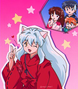 1girl 3boys :o ;d animal_ears black_eyes black_hair brown_hair commentary_request dog_ears fang grey_hair hair_between_eyes heart highres inuyasha inuyasha_(character) japanese_clothes kimono korean_commentary long_hair long_sleeves meail_meail miroku_(inuyasha) multiple_boys one_eye_closed open_mouth orange_hair red_eyes red_kimono retro_artstyle sango_(inuyasha) shippou_(inuyasha) short_hair smile star_(symbol) twitter_username very_long_hair wide_sleeves yellow_eyes