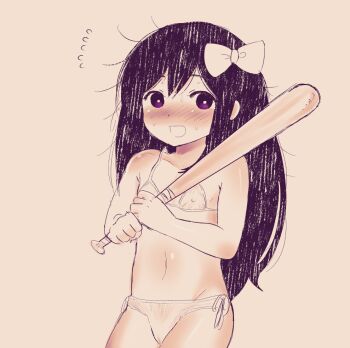 1girl :d aubrey_(headspace)_(omori) aubrey_(omori) bare_arms bare_shoulders baseball_bat blush bow bra bright_pupils brown_background cameltoe collarbone covered_erect_nipples cowboy_shot double-parted_bangs flat_chest flying_sweatdrops hair_between_eyes hair_bow hand_up holding holding_baseball_bat loli long_hair looking_at_viewer navel nose_blush omori open_mouth over_shoulder panties paper_texture pokoponpen purple_eyes sepia side-tie_panties sidelocks simple_background smile solo standing stomach straight_hair sweat tareme two-handed underwear underwear_only very_long_hair weapon weapon_over_shoulder