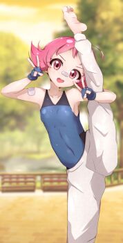 1girl bandaid bandaid_on_face bandaid_on_nose barefoot blue_gloves blue_leotard blurry blurry_background breasts collarbone double_v eyelashes female_focus fingerless_gloves foot_out_of_frame gloves highres leg_up leotard looking_at_viewer matching_hair/eyes maylene_(pokemon) nintendo open_mouth outdoors pants petite pink_eyes pink_hair pokemon pokemon_dppt short_hair small_breasts smile solo split standing standing_on_one_leg tomboy v white_pants yuzukiaz