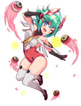 1girl ahoge armor azure_striker_gunvolt azure_striker_gunvolt_2 bare_shoulders black_shoes blue_eyes breasts cougar cougar_(cougar1404) female_focus green_eyes gunvolt_chronicles_luminous_avenger_ix head_tilt headgear leotard gunvolt_chronicles_luminous_avenger_ix medium_breasts multicolored_leotard one_eye_closed robot_girl roro_(gunvolt) shoes short_hair skin_tight solo tagme two-tone_leotard v wink