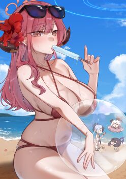 4girls ^_^ absurdres alternate_breast_size_(larger) alternate_costume aru_(blue_archive) beach bikini black-framed_eyewear blue_archive blush breasts buried_in_sculpted_sand chinese_commentary closed_eyes commentary_request criss-cross_halter demon_horns eating eyewear_on_head fingernails flower food hair_flower hair_ornament halo halterneck haruka_(blue_archive) highres holding holding_food holding_popsicle holding_shovel horns huge_breasts kayoko_(blue_archive) long_hair looking_at_viewer multiple_girls mutsuki_(blue_archive) navel outdoors pink_hair popsicle problem_solver_68_(blue_archive) purple-tinted_eyewear red_bikini shovel sitting solo_focus sweat swimsuit tinted_eyewear transparent_ball xiao_jian
