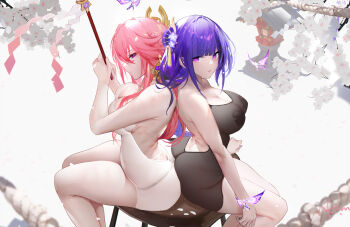2girls ass ass-to-ass ass_press back bare_shoulders black_dress breasts bug butt_crack butterfly chinese_commentary cleavage dress flower genshin_impact gohei grey_panties hair_ornament holding holding_gohei insect lantern large_breasts long_hair looking_at_viewer multiple_girls omone_hokoma_agm panties parted_lips pasties pink_hair purple_eyes purple_hair raiden_shogun rope see-through_clothes sitting sleeveless sleeveless_dress underwear white_dress wooden_lantern yae_miko
