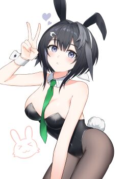 Rule 34 | 1girl, absurdres, animal ears, arknights, bare shoulders, between breasts, black hair, black leotard, black pantyhose, breasts, commentary request, cowboy shot, detached collar, expressionless, fake animal ears, fake tail, feather hair, fingernails, green necktie, hair ornament, hairclip, heart, highres, k@bu, la pluma (arknights), leotard, looking at viewer, necktie, necktie between breasts, pantyhose, parted lips, playboy bunny, purple eyes, rabbit ears, rabbit tail, simple background, solo, tail, v, white background, white wrist cuffs, wrist cuffs