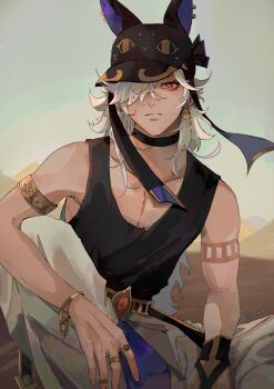 Rule 34 | 1boy, 1o8k, animal ears, animal hat, ankh earrings, armlet, artist name, baseball cap, black bridal gauntlets, black choker, black hat, black ribbon, black tank top, blue sky, blurry, blurry background, bracelet, bridal gauntlets, choker, collarbone, commentary, crossed bangs, cyno (genshin impact), dark-skinned male, dark skin, day, desert, earrings, english commentary, expressionless, fake animal ears, genshin impact, gold armlet, gold bracelet, gold earrings, gold ring, hair over one eye, hat, hat ribbon, highres, jackal ears, jewelry, long hair, looking at viewer, male focus, mismatched earrings, multiple rings, one eye covered, outdoors, pants, parted bangs, parted lips, pectoral cleavage, pectorals, red eyes, ribbon, ring, single bridal gauntlet, sitting, sky, solo, tank top, white hair, white pants