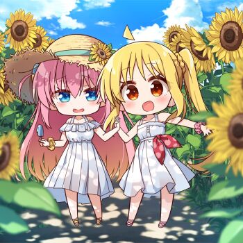 Rule 34 | 2girls, ahoge, alternate costume, bare shoulders, blonde hair, blue eyes, blue ribbon, blue sky, blush, bocchi the rock!, brown hat, chibi, chibi only, chika (06chimika13), cloud, collarbone, commentary request, cube hair ornament, dress, flower, food, gotoh hitori, hair ornament, hat, hat ribbon, holding, holding food, holding hands, holding popsicle, ijichi nijika, interlocked fingers, long hair, looking at viewer, multiple girls, open mouth, pink hair, popsicle, red eyes, ribbon, side ponytail, sky, smile, standing, sun hat, sundress, sunflower, white dress