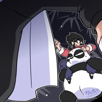 1boy animal black_eyes black_hair black_shoes blue_pants braid male_focus open_mouth outline panda pants pointing ranma_1/2 saotome_genma_(panda) saotome_ranma shoes single_braid v-shaped_eyebrows wanta_(futoshi) white_outline