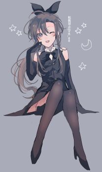 1boy ;d alternate_costume amana_raika bare_shoulders black_bow black_bowtie black_eyes black_gloves black_hair black_pantyhose black_shoes black_skirt black_thighhighs black_vest blush bow bowtie brown_hair collared_shirt crescent crossdressing crossdressing_(mtf) crossed_legs elbow_gloves full_body gloves grey_background grey_eyes hair_between_eyes hair_bow hair_ribbon hand_up high_heels highres invisible_chair long_hair looking_at_viewer male_focus modao_zushi one_eye_closed open_mouth pantyhose ponytail ribbon shirt shoes simple_background sitting skirt sleeveless smile solo star_(symbol) teeth thighhighs trap twitter_username very_long_hair vest wei_wuxian white_shirt
