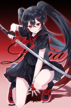 1girl alternate_costume black_gloves black_hair black_sailor_collar black_serafuku black_shirt black_skirt character_name fingerless_gloves gloves gradient_hair hair_between_eyes hair_ornament highres holding holding_sword holding_weapon katana lhurkh long_hair lucia_(pgr) multicolored_hair neckerchief pleated_skirt punishing:_gray_raven red_eyes red_gloves red_hair red_neckerchief red_streaks sailor_collar school_uniform serafuku shirt skirt solo sword twintails very_long_hair weapon x_hair_ornament