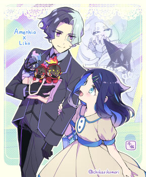 1boy 1girl :d amethio_(pokemon) black_gloves black_hair blue_eyes bright_pupils ceruledge character_name charcadet chikariya closed_mouth colored_inner_hair commentary_request dress gen_8_pokemon gloves hair_ornament hairclip hatterene highres holding_another's_arm jacket liko_(pokemon) long_hair long_sleeves looking_up meowscarada multicolored_hair nintendo open_mouth pants pokemon pokemon_(anime) pokemon_horizons purple_eyes shirt short_sleeves smile swept_bangs yellow_dress