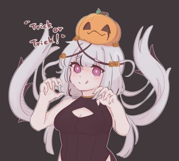 1girl :q artist_self-insert bare_arms bare_shoulders black_background black_hair black_leotard breasts chonkyorca claw_pose cleavage cleavage_cutout closed_mouth clothing_cutout commentary english_text floating_hair grey_hair halloween hands_up highres jack-o'-lantern leotard long_hair looking_at_viewer low_twintails medium_breasts multicolored_hair orca_(chonkyorca) original pumpkin_hat purple_eyes simple_background smile streaked_hair symbol-only_commentary thick_eyebrows tongue tongue_out trick_or_treat twintails very_long_hair