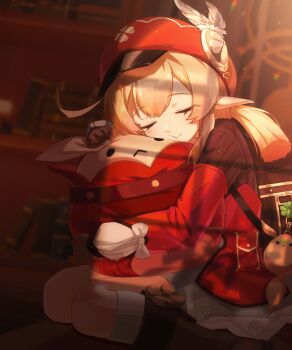 absurdres backpack bag bag_charm blonde_hair boots charm_(object) closed_eyes dodoco_(genshin_impact) dress feathers genshin_impact gloves hat hat_feather highres klee_(genshin_impact) knee_boots long_hair pointy_ears red_dress red_hat se2ra sitting solo twintails white_feathers