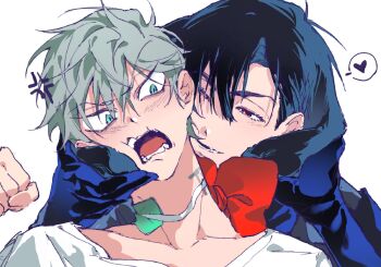 2boys alien_stage anger_vein animal_ears black_eyes black_gloves black_hair bow bowtie chinese_commentary choker clenched_hand commentary_request gleeman gloves green_eyes heart highres holding_ears ivan_(alien_stage) male_focus multiple_boys neck_tattoo one_eye_closed open_mouth rabbit_ears red_bow red_bowtie red_pupils shirt spoken_heart tattoo till_(alien_stage) white_shirt