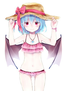 1girl alternate_costume bikini blue_hair blush bow closed_mouth commentary_request cowboy_shot frilled_bikini frills hair_between_eyes hands_on_headwear hat hat_bow hat_ribbon highres jewelry loli looking_at_viewer minatsuki_yurara nail_polish navel necklace pendant pink_bikini pink_bow pink_nails polka_dot polka_dot_bow polka_dot_ribbon red_bow red_eyes red_ribbon remilia_scarlet ribbon short_hair simple_background smile solo standing straw_hat sun_hat swimsuit thigh_gap touhou white_background wings yellow_hat