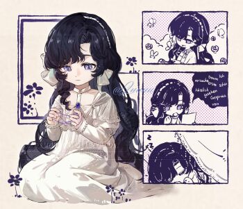 1girl aged_down artist_request bead_bracelet beads black_hair blue_gem bow bracelet cat's_cradle child chinese_commentary commentary_request commission curly_sidelocks dress flower gem hair_bow highres holding holding_paper isolde_(reverse:1999) jewelry juliet_sleeves long_dress long_hair long_sleeves multiple_views paper puffy_sleeves purple_eyes reverse:1999 second-party_source sleeping thinking very_long_hair watermark white_bow white_dress