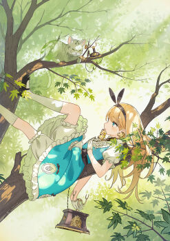 1girl alice_(alice_in_wonderland) alice&#039;s_adventures_in_wonderland antique_phone aqua_dress aqua_eyes black_hairband black_shoes blonde_hair bloomers branch commentary_request corded_phone dress gloves hairband highres holding holding_phone kneehighs leaf long_hair looking_at_animal lying maple_leaf maple_tree mary_janes on_back on_tree outdoors phone puffy_short_sleeves puffy_sleeves rotary_phone shoes short_sleeves socks solo tree underwear wakuseiy