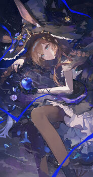 1girl absurdres amiya_(arknights) amiya_(medic)_(arknights) amiya_(medic)_(solo_around_the_world)_(arknights) animal_ear_fluff animal_ears apple arknights black_cape black_dress black_gloves black_hat blue_apple blue_bow blue_eyes bow braid brown_hair brown_pantyhose cape dress ears_through_headwear flower food frilled_dress frilled_hat frills fruit gloves hair_between_eyes hashtag-only_commentary hat hat_bow hat_ornament highres holding holding_food holding_fruit jewelry long_hair looking_at_viewer lying multiple_rings official_alternate_costume on_side pantyhose parted_lips partially_submerged rabbit_ears rabbit_girl ring shin_oooooo sidelocks single_glove sleeveless sleeveless_dress solo two-sided_fabric two-sided_headwear wet wet_clothes wet_hair witch_hat