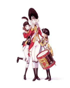 3girls american_revolution bag bearskin_cap bicorne black_boots black_hat boots bow breasts british_army brown_hair child clothing_request commentary_request curly_hair drum finger_to_mouth foot_up_heel_up full_body hat hat_bow hat_feather highres instrument jacket layered_clothes long_hair looking_at_another military_jacket military_uniform mole_beside_mouth multiple_girls nose original pants scabbard schpaghettizie1 sheath sheathed shoulder_bag shushing simple_background sleeve_cuffs small_breasts smile standing standing_on_one_leg sword united_kingdom weapon white_background white_hair white_pants yellow_jacket
