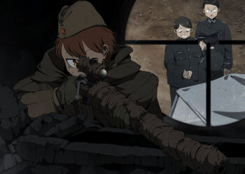 1girl 3boys aiming black_hair bolt_action brown_eyes brown_hair dirty dirty_face finger_on_trigger gloves gun handshake hat holding holding_gun holding_rifle holding_weapon military_hat military_uniform mosin-nagant mrxinom multiple_boys nazi one_eye_closed original pov rifle rubble scope smile soviet soviet_army star_(symbol) weapon world_war_ii