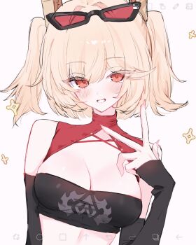 1girl ame_amean arms_at_sides bandeau bare_shoulders birthday black-framed_eyewear black_bandeau black_sleeves blonde_hair blush breasts burnice_white cleavage detached_collar detached_sleeves eyewear_on_head fingernails grin hair_intakes hand_up highres ibispaint ibispaint_(medium) inward_w large_breasts long_fingernails long_sleeves no_jacket print_bandeau red-tinted_eyewear red_eyes sharp_fingernails shiny_skin short_twintails simple_background sleeves_past_wrists smile solo sparkle tinted_eyewear turtleneck twintails upper_body w white_background zenless_zone_zero