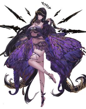 Rule 34 | 1girl, :q, absurdly long hair, absurdres, animal print, anklet, arknights, armpit peek, black hair, black halo, blush, bra, bracelet, breasts, bright pupils, broken halo, butterfly print, claw ring, cleavage, closed mouth, dark halo, detached wings, diamond-shaped pupils, diamond (shape), energy wings, eyebrows hidden by hair, feather bra, full body, groin, hair lift, hair ornament, halo, hand up, hashtag-only commentary, head tilt, highres, hime cut, jewelry, kuroroui, large breasts, licking lips, long hair, looking at viewer, midriff, mole, mole under eye, musical note, navel, necklace, no shoes, purple bra, purple eyes, purple wings, ring, simple background, skindentation, smile, solo, standing, standing on one leg, stirrup legwear, symbol-shaped pupils, thigh strap, thighs, tiptoes, toeless legwear, tongue, tongue out, underboob, underwear, very long hair, virtuosa (arknights), white background, wings, yellow pupils