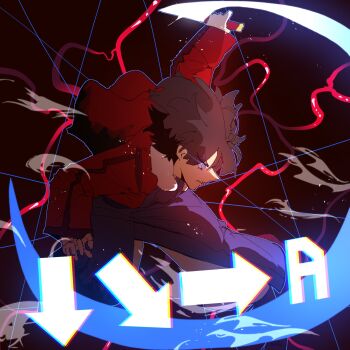 1girl black_background black_hair blue_kimono command_input fighting_game highres holding holding_knife jacket japanese_clothes kara_no_kyoukai kimono knife melty_blood red_jacket ryougi_shiki short_hair solo tsukihime yohanwrks