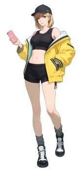 1girl absurdres baseball_cap black_hat black_shoes black_shorts black_sports_bra blonde_hair breasts brown_eyes cellphone cha_hae-in full_body grey_socks hand_in_pocket hat highres holding holding_phone jacket medium_breasts midriff navel official_alternate_costume official_art open_clothes open_jacket phone shoes short_shorts shorts simple_background smartphone socks solo solo_leveling solo_leveling:_arise sports_bra transparent_background yellow_jacket