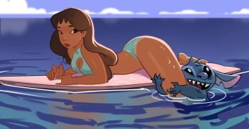 1boy 1girl ass bikini black_hair blue_fur blue_sky breasts brown_lips claws cleavage_cutout clothing_cutout cloud commentary curvy dark-skinned_female dark_skin day disney english_commentary highres hug hugging_another&#039;s_leg lilo_&amp;_stitch long_hair looking_at_viewer lying nani_pelekai notched_ear ocean on_stomach outdoors partially_submerged philtomato sharp_teeth signature sky stitch_(lilo_&amp;_stitch) surfboard swimsuit teeth water wet wide_hips