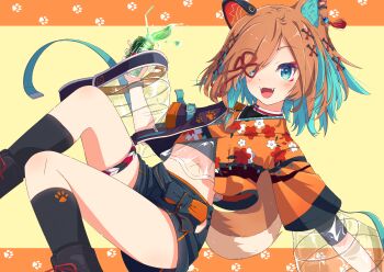 1girl absurdres animal_collar animal_ears belt black_footwear black_shirt black_shorts black_socks blue_belt blue_eyes blue_hair blush bone_hair_ornament brown_hair can collar colored_inner_hair crop_top cropped_kimono dog_ears dog_girl dog_tail drink ear_piercing eyelashes fangs feet_out_of_frame floral_print fukurou_(hukurou) hair_ornament hair_over_one_eye highres holding holding_can layered_sleeves liquid midriff miyoshino_shiki mountain_dew multicolored_hair open_mouth paw_print paw_print_background piercing power_symbol prism_project prosthetic_ear see-through_clothes shirt shorts socks symbol_in_eye tail virtual_youtuber